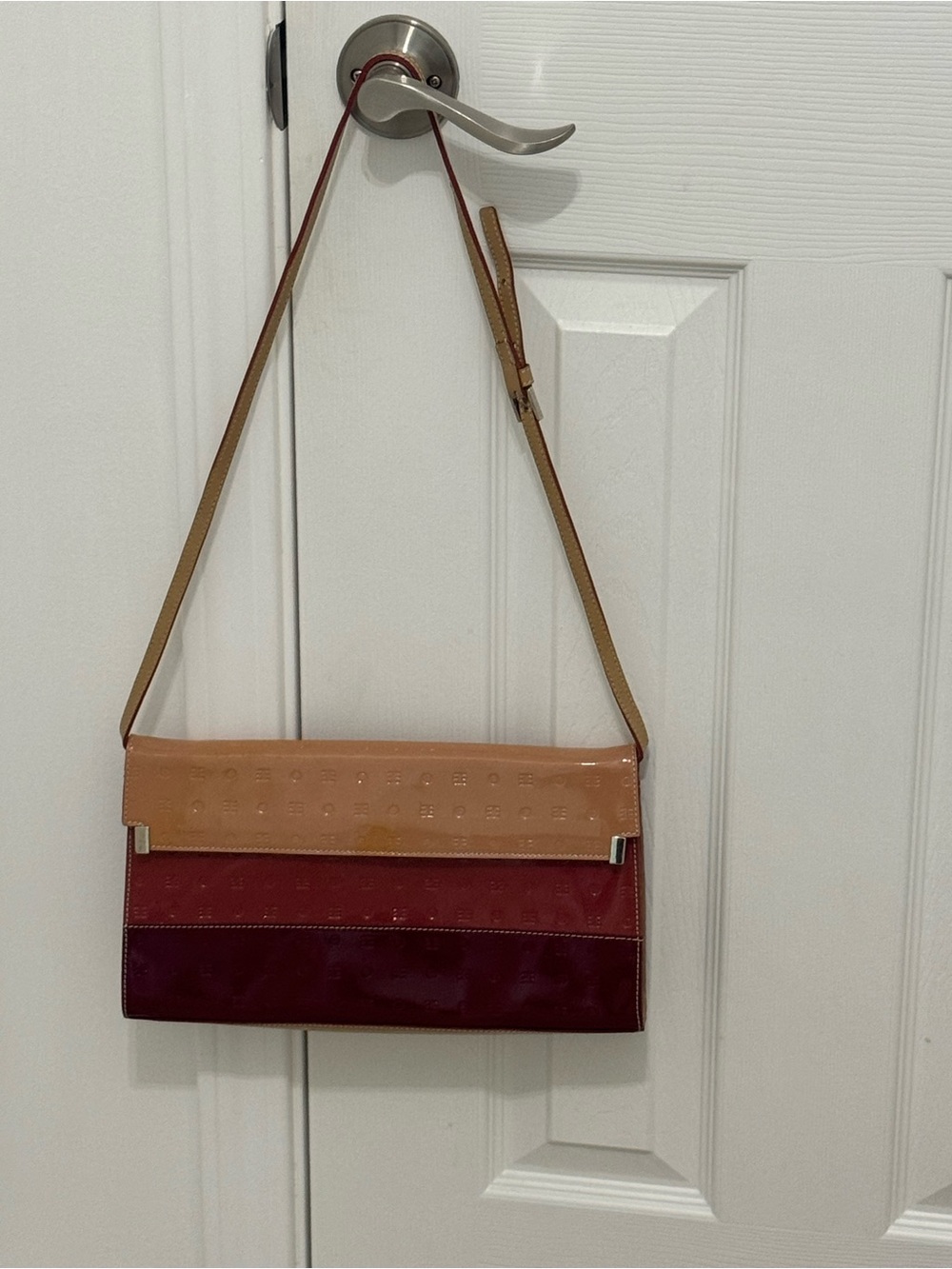 Arcadia Patent Leather Shoulder Bag in Tan, Red, Burgundy - Picture 2 of 10